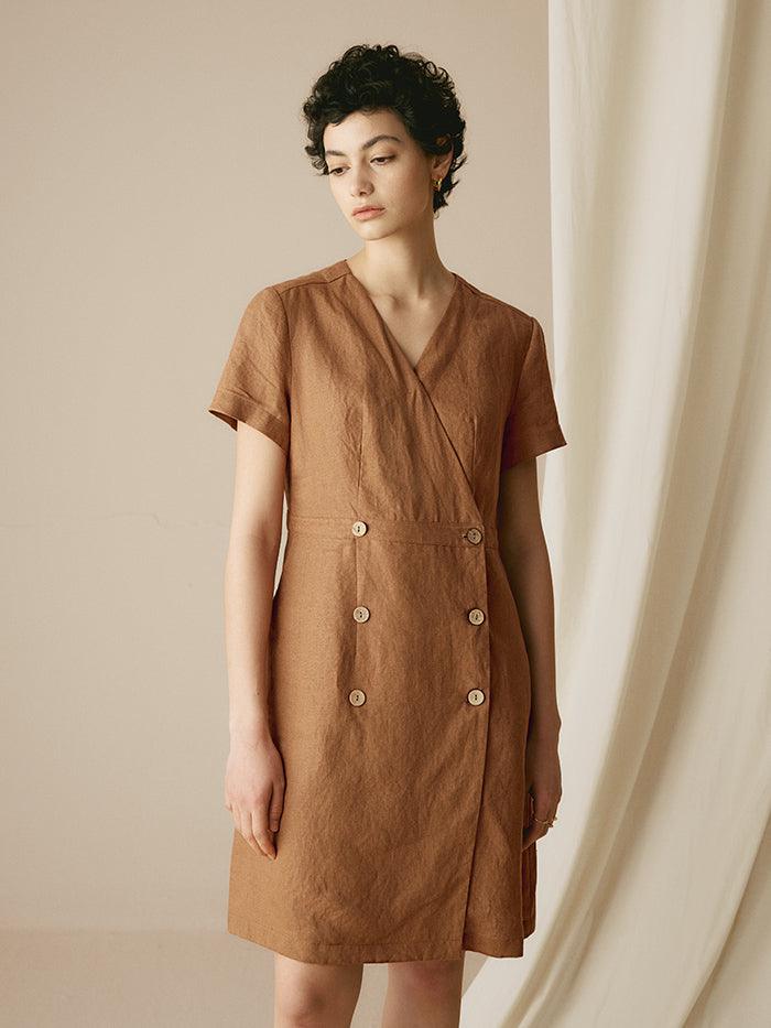 100% Linen V-Neck Double-Breasted Mini Dress COCOA