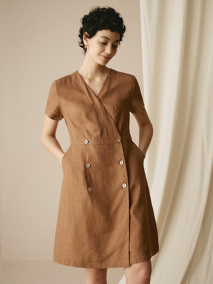 100% Linen V-Neck Double-Breasted Mini Dress COCOA