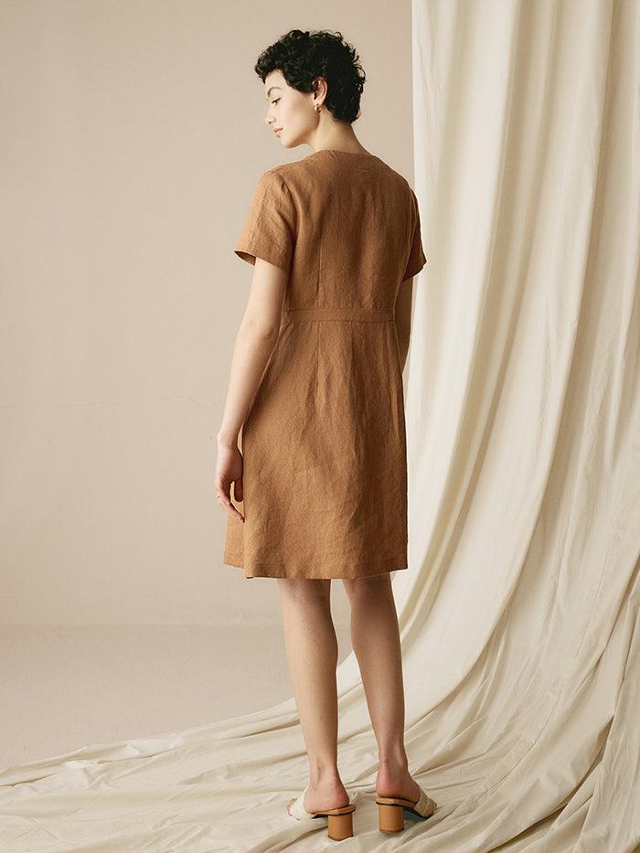 100% Linen V-Neck Double-Breasted Mini Dress COCOA