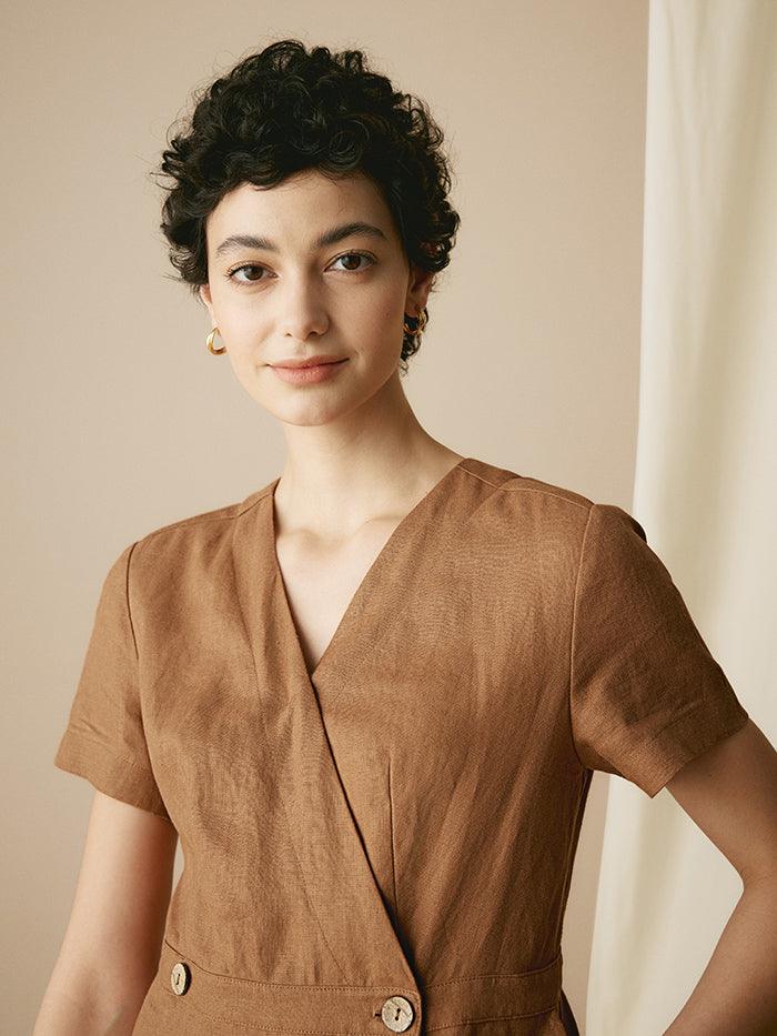 100% Linen V-Neck Double-Breasted Mini Dress COCOA