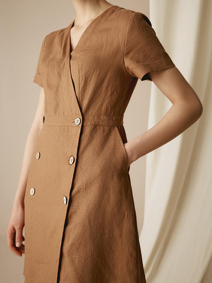 100% Linen V-Neck Double-Breasted Mini Dress COCOA