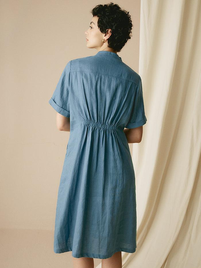 100% Linen V-Neck Elastic Waistband Dress