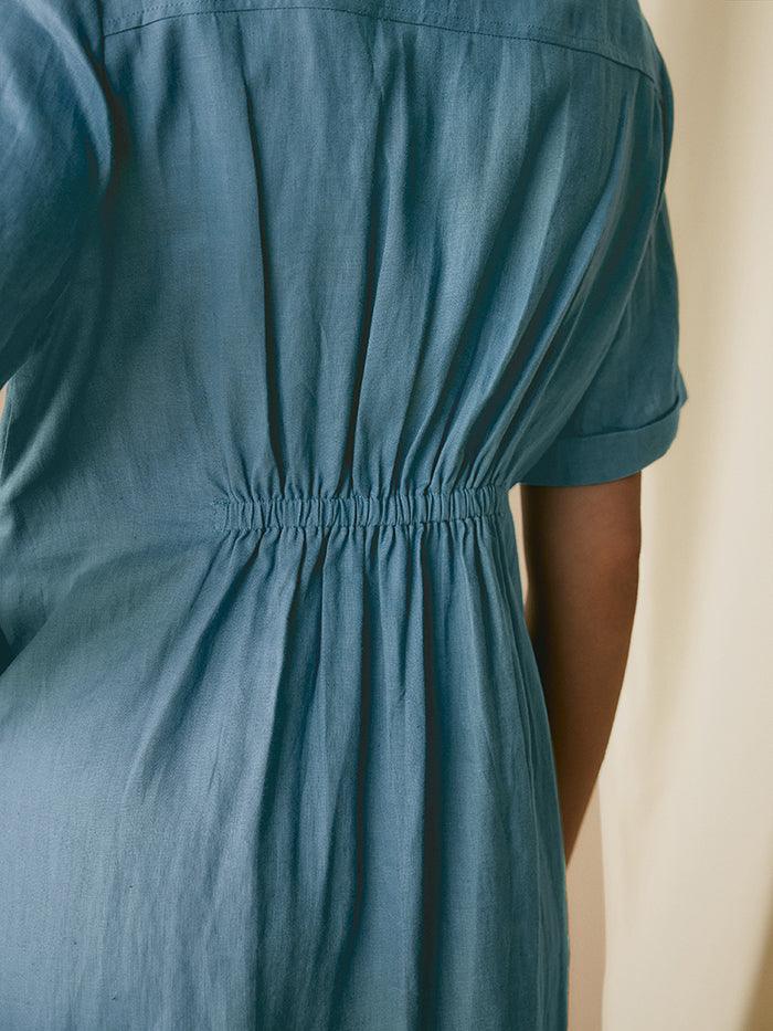 100% Linen V-Neck Elastic Waistband Dress