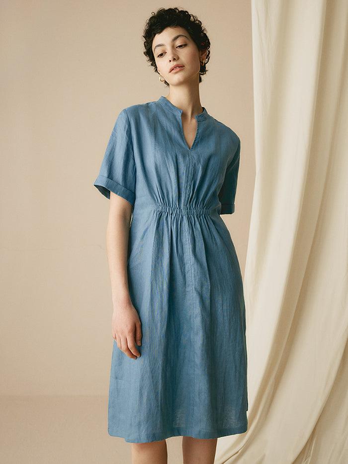 100% Linen V-Neck Elastic Waistband Dress