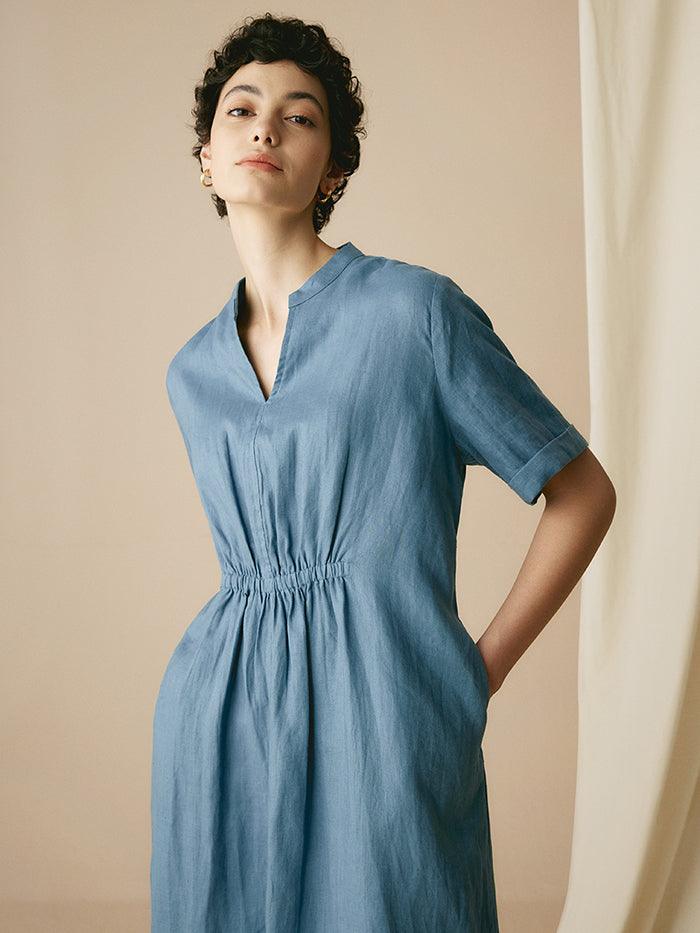 100% Linen V-Neck Elastic Waistband Dress