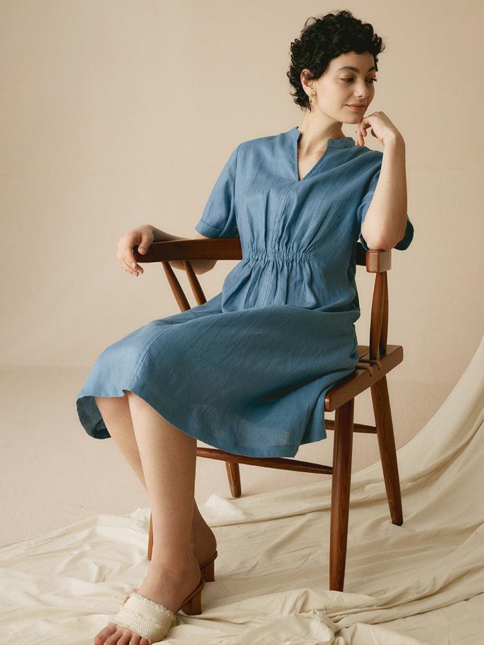 100% Linen V-Neck Elastic Waistband Dress