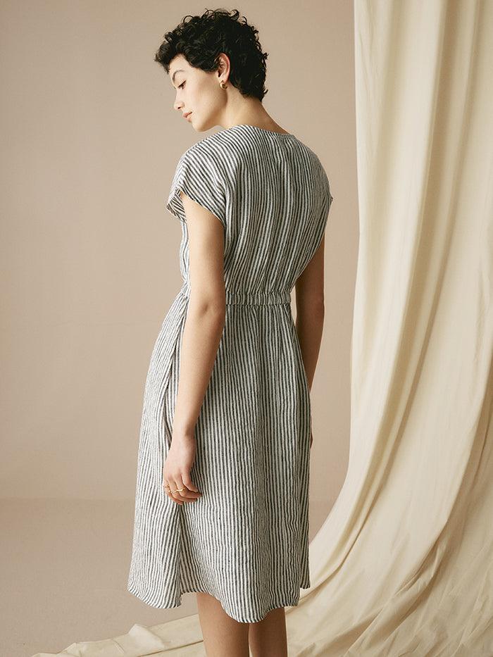 100% Linen Striped Elastic-Waist Midi Dress ARIA