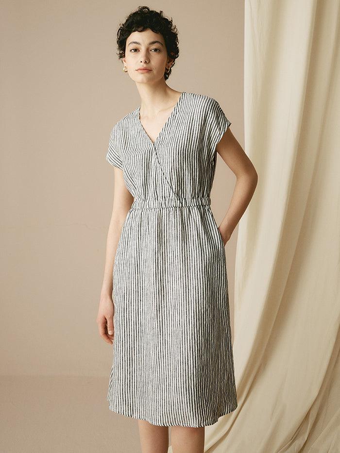100% Linen Striped Elastic-Waist Midi Dress ARIA