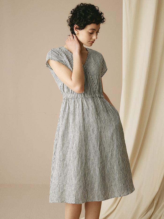 100% Linen Striped Elastic-Waist Midi Dress ARIA