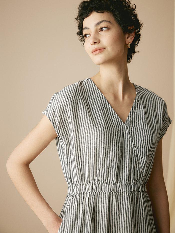 100% Linen Striped Elastic-Waist Midi Dress ARIA