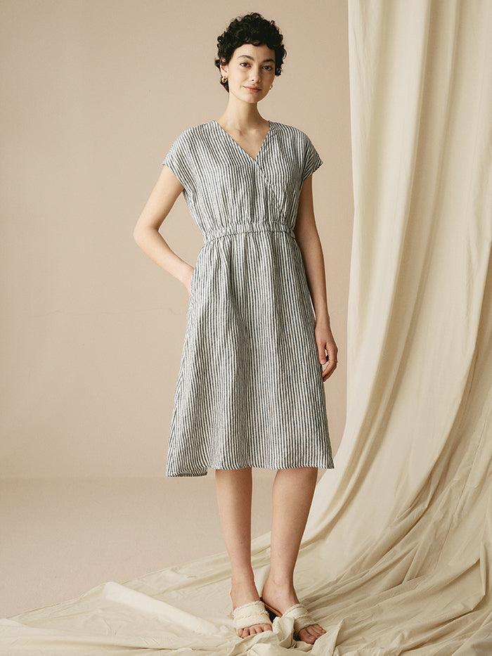 100% Linen Striped Elastic-Waist Midi Dress ARIA