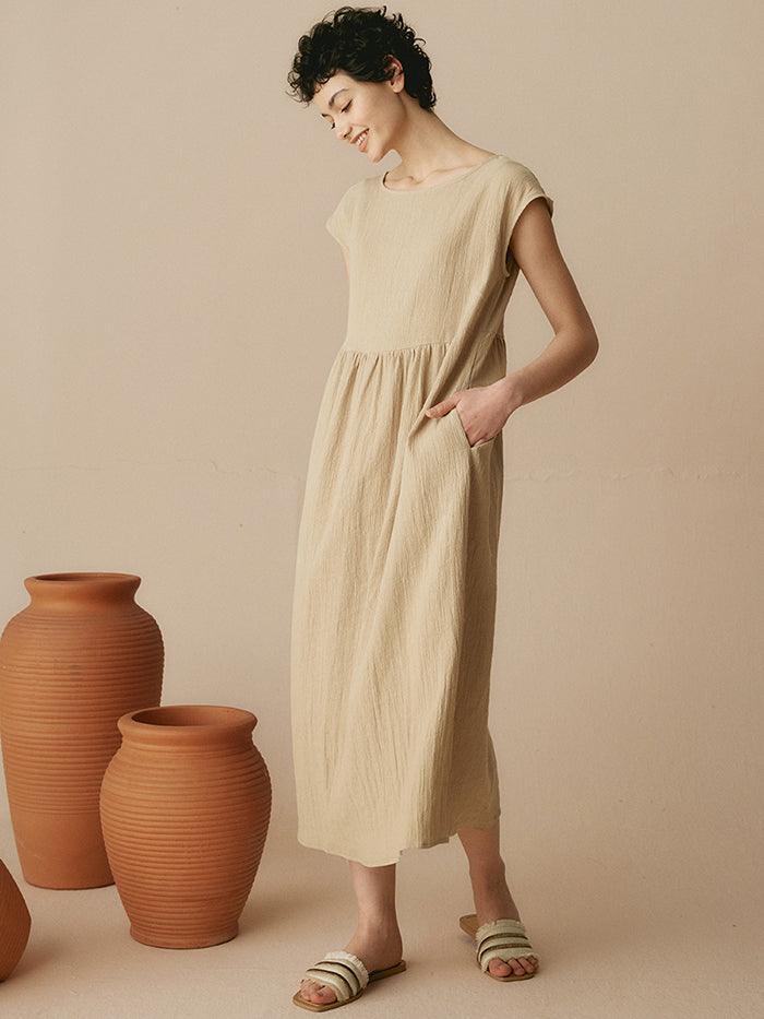 100% Linen Cap Sleeve Washed Maxi Dress