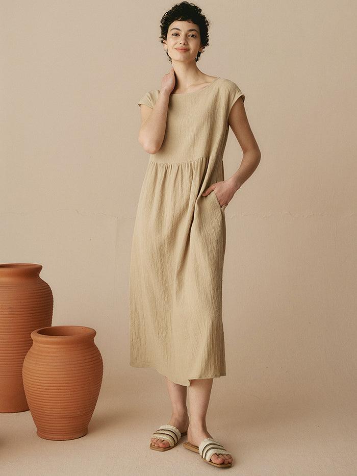 100% Linen Cap Sleeve Washed Maxi Dress