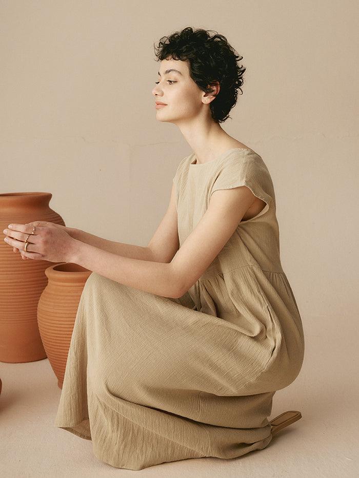 100% Linen Cap Sleeve Washed Maxi Dress