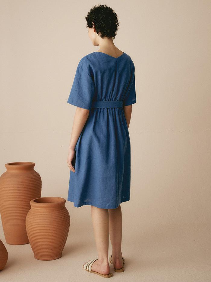 Linen V-Neck Belted Dress SERENA