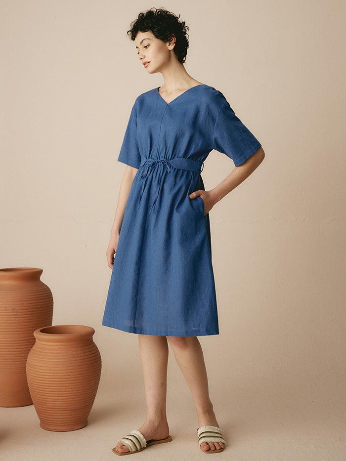 Linen V-Neck Belted Dress SERENA