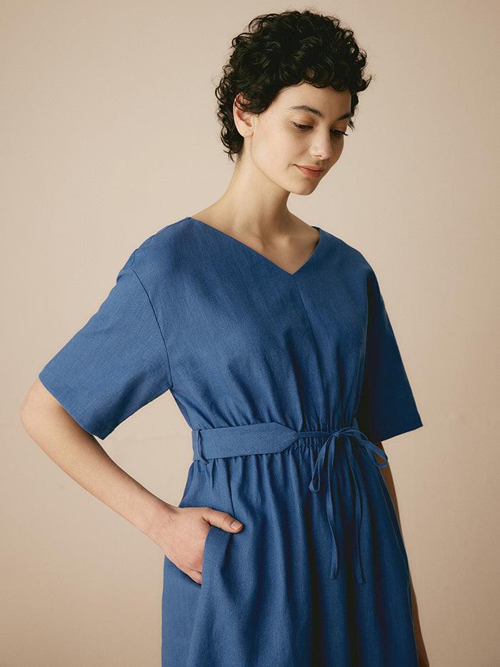 Linen V-Neck Belted Dress SERENA