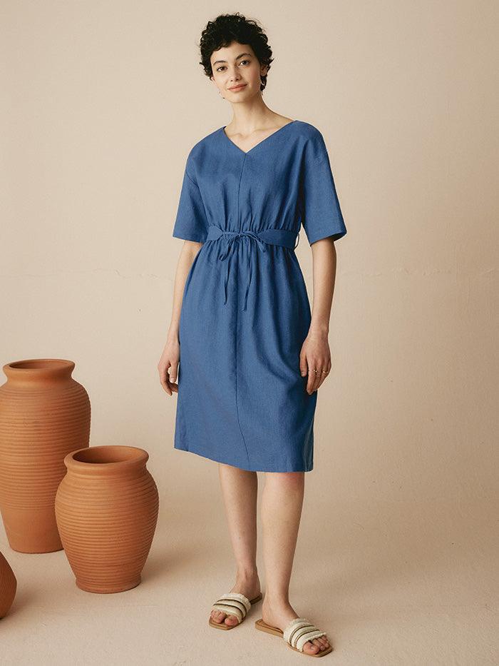 Linen V-Neck Belted Dress SERENA