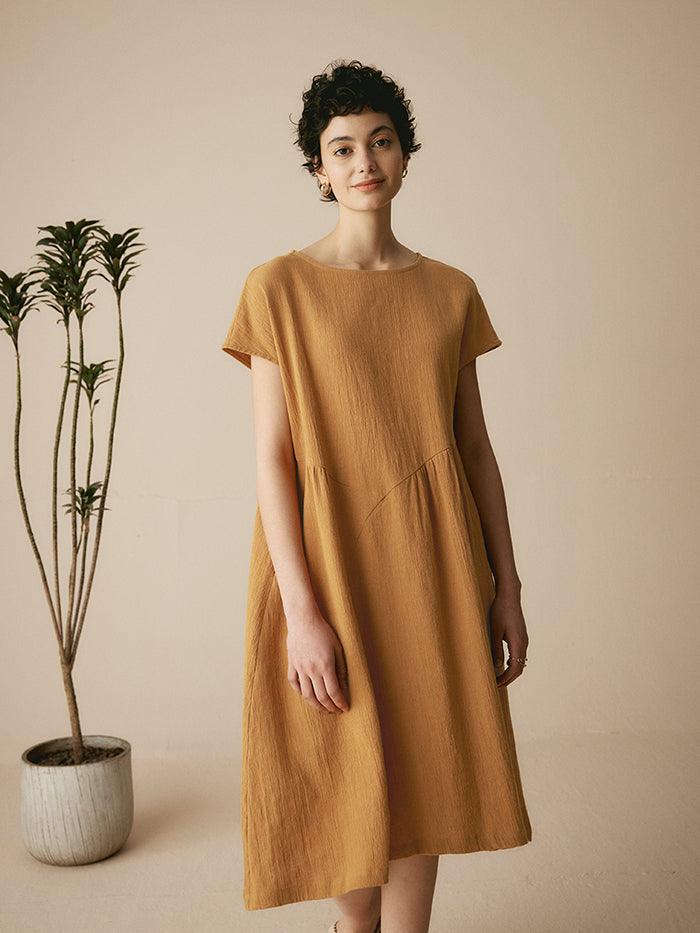 Linen Cap-Sleeve Textured Washed Midi Dress ALICE