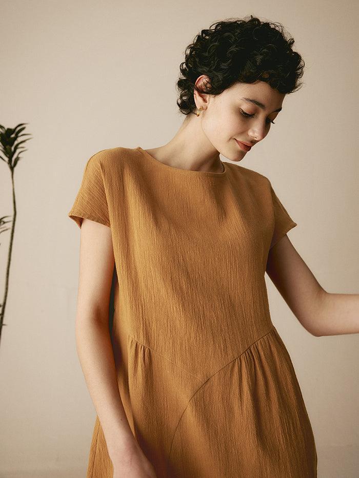 Linen Cap-Sleeve Textured Washed Midi Dress ALICE