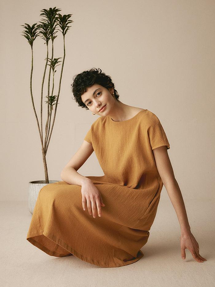Linen Cap-Sleeve Textured Washed Midi Dress ALICE