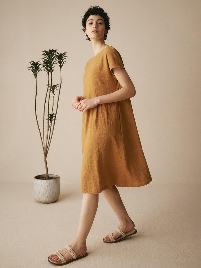 Linen Cap-Sleeve Textured Washed Midi Dress ALICE