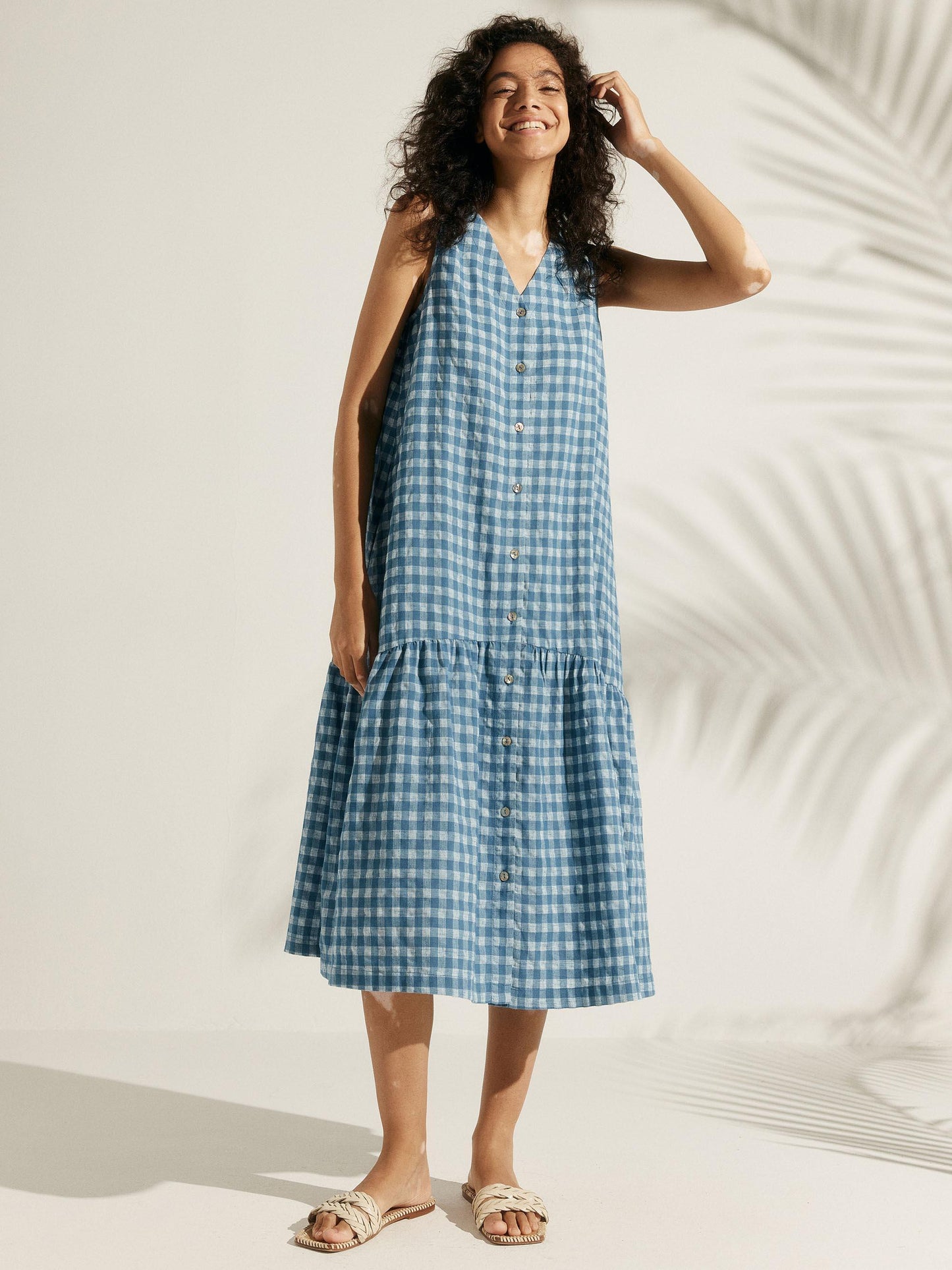 Linen Vacation Gingham Sleeveless V-Neck Mid-Length Dress
