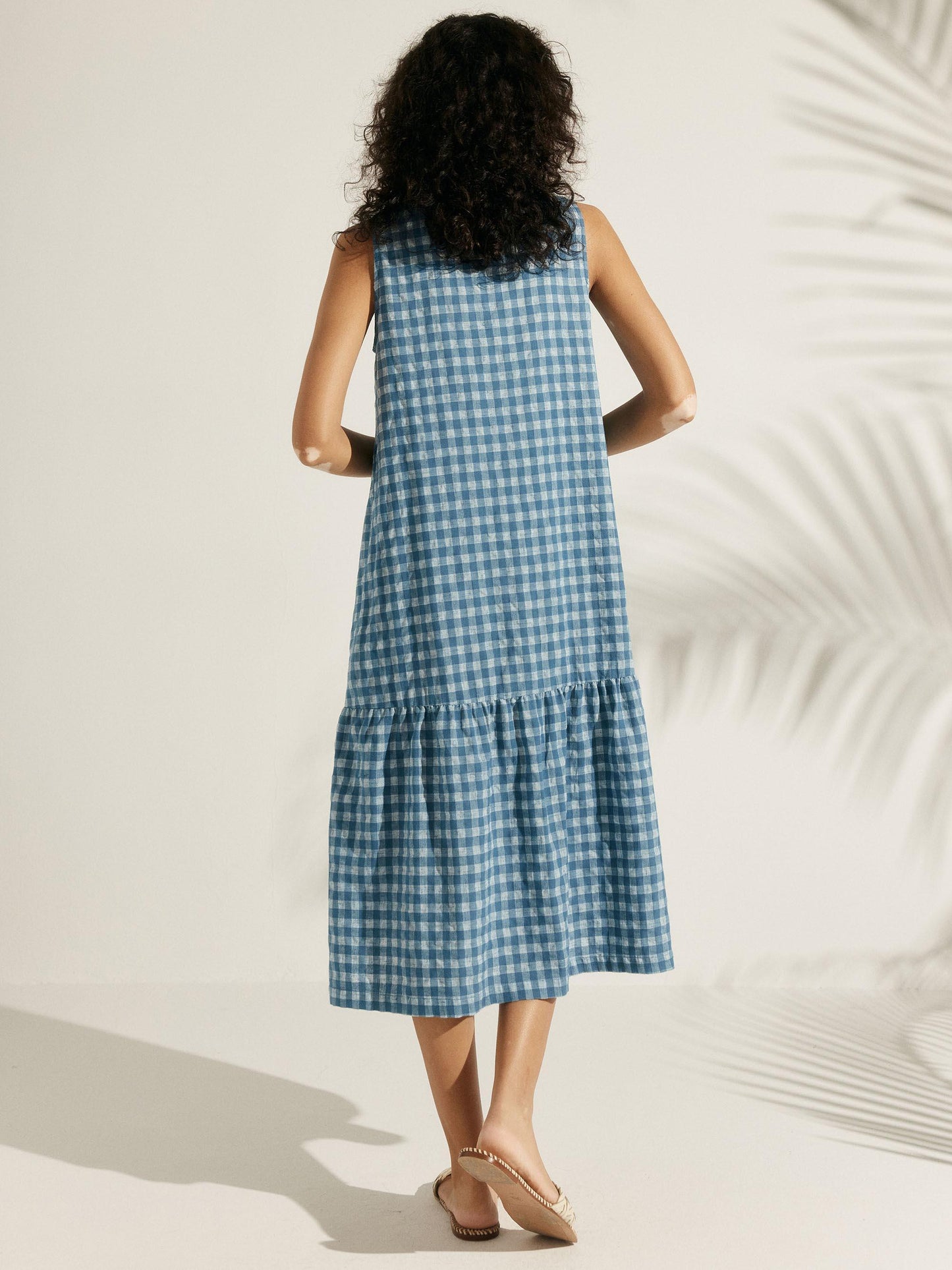 Linen Vacation Gingham Checked Sleeveless V-Neck Mid-Length Dress