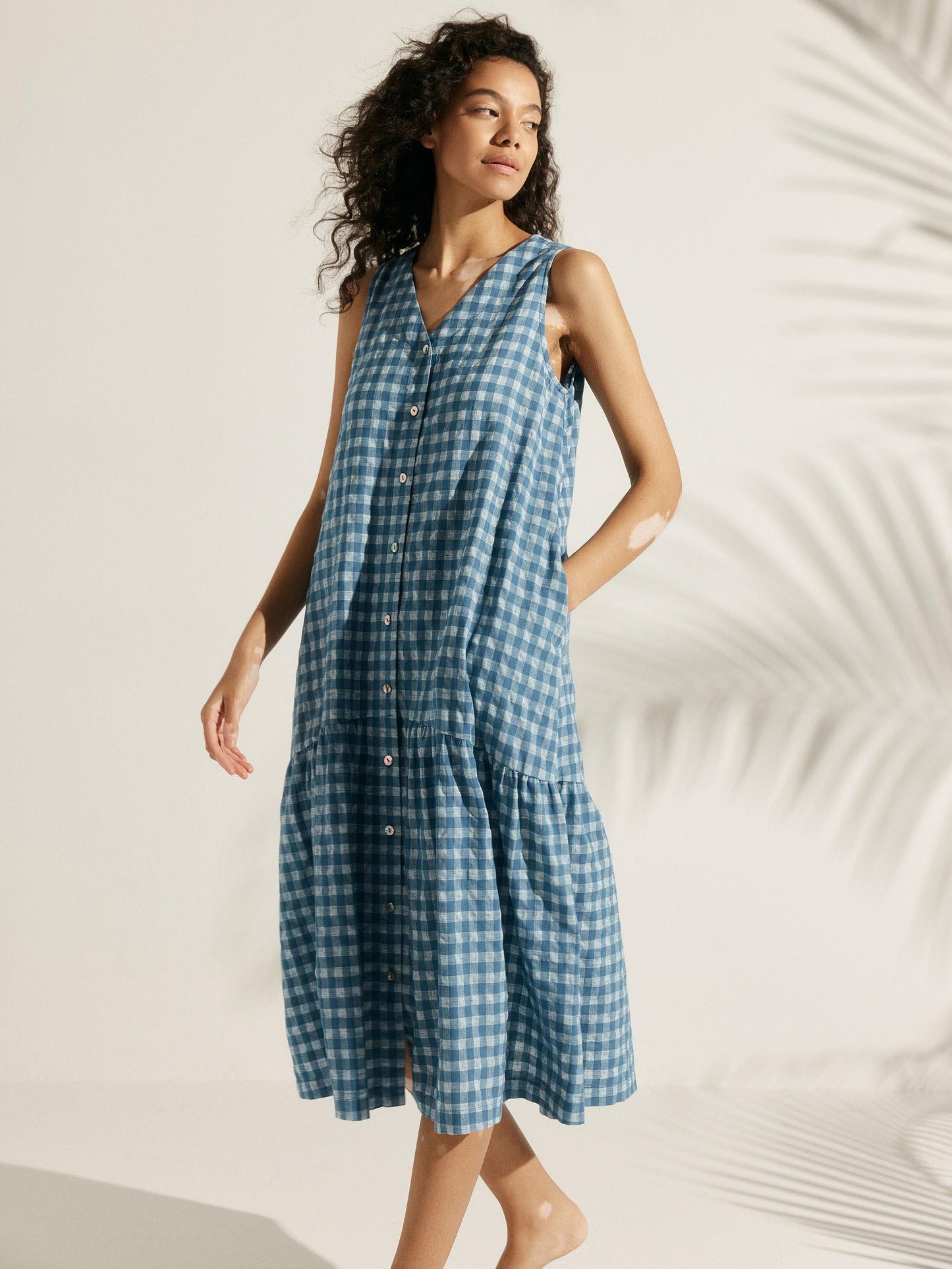 Linen Vacation Sleeveless V-Neck Mid-Length Dress CELINE