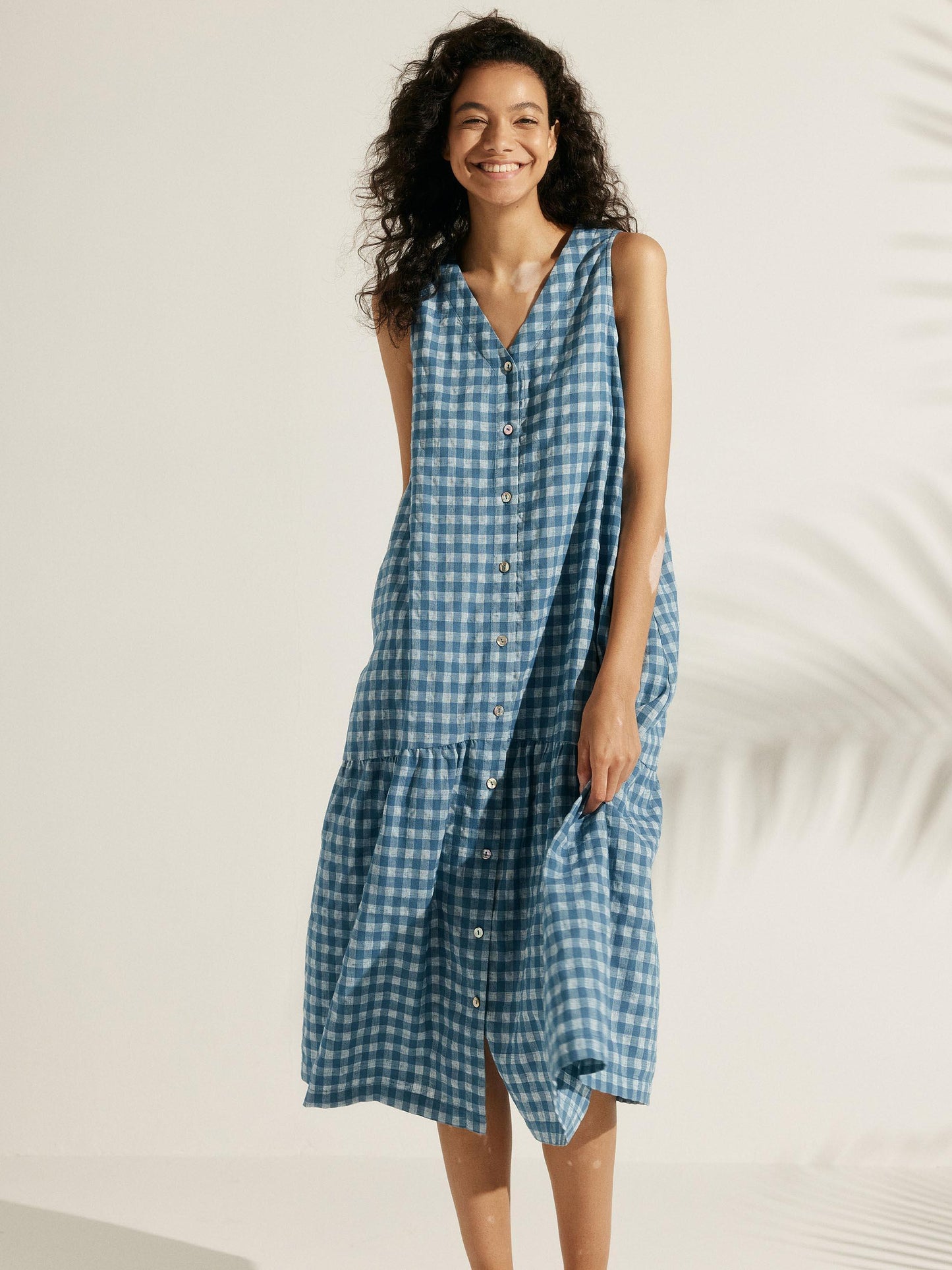Linen Vacation Gingham Sleeveless V-Neck Mid-Length Dress