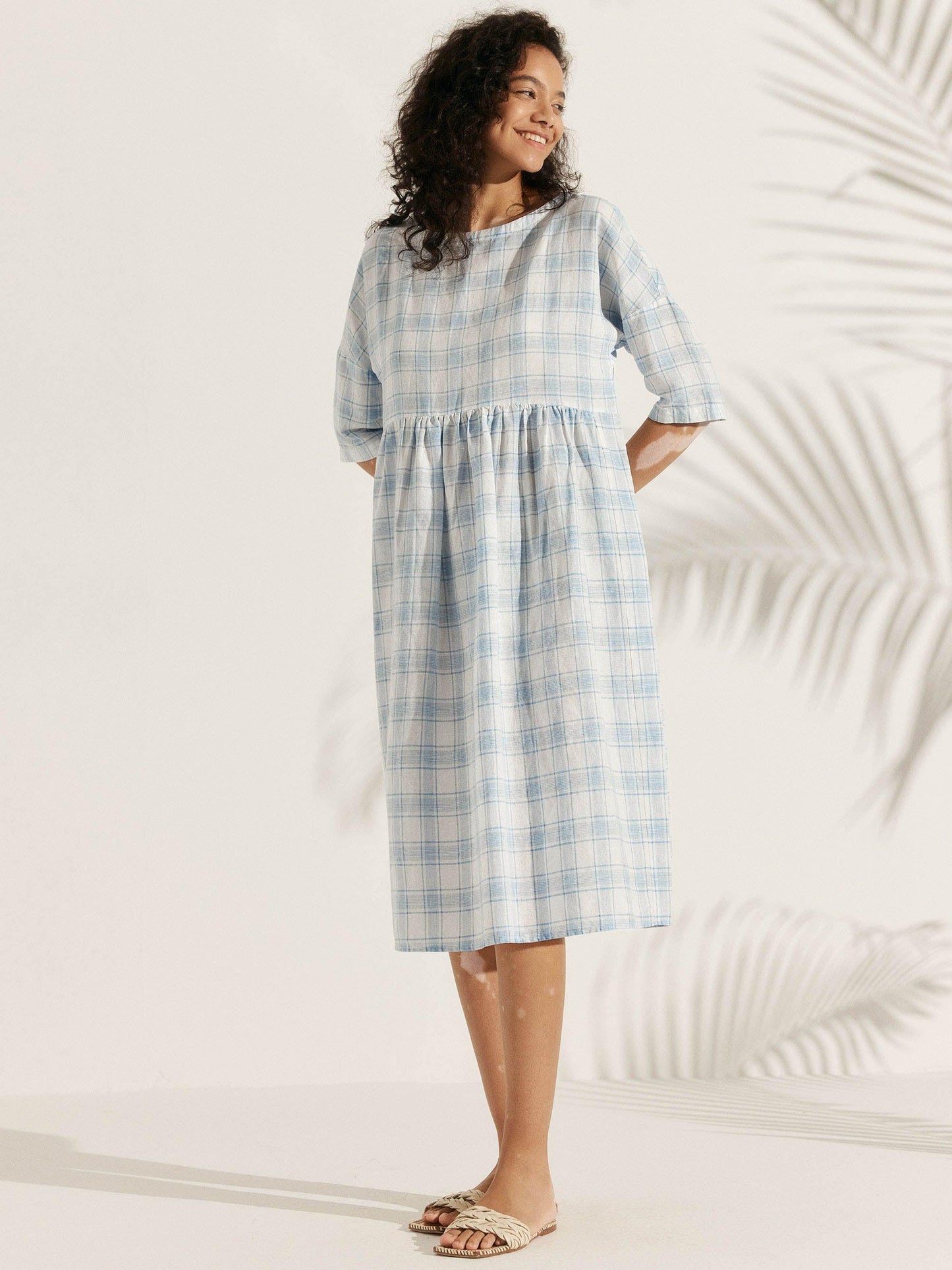 Linen Checked A-Line Midi Dress