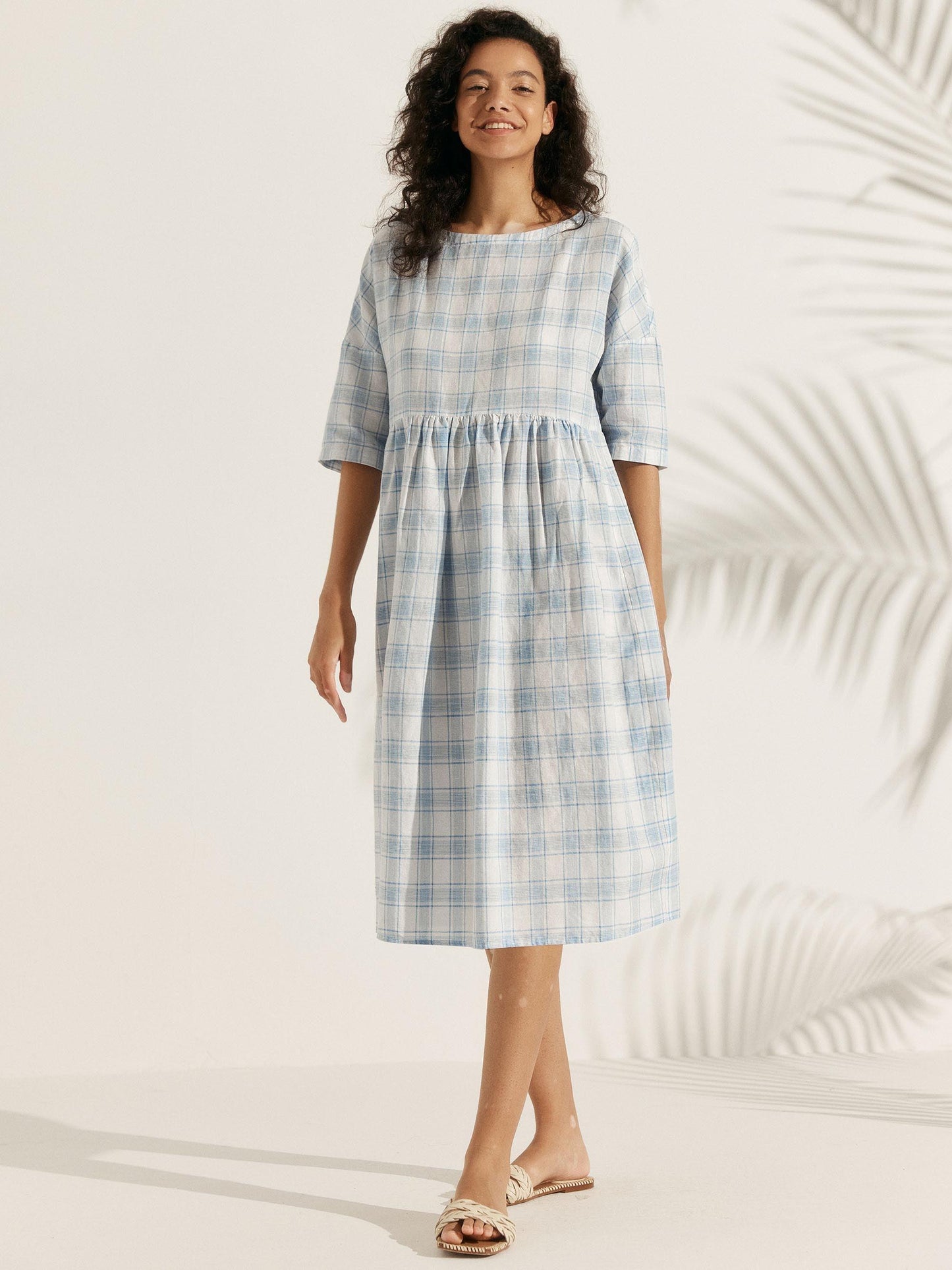 Linen Checked A-Line Midi Dress