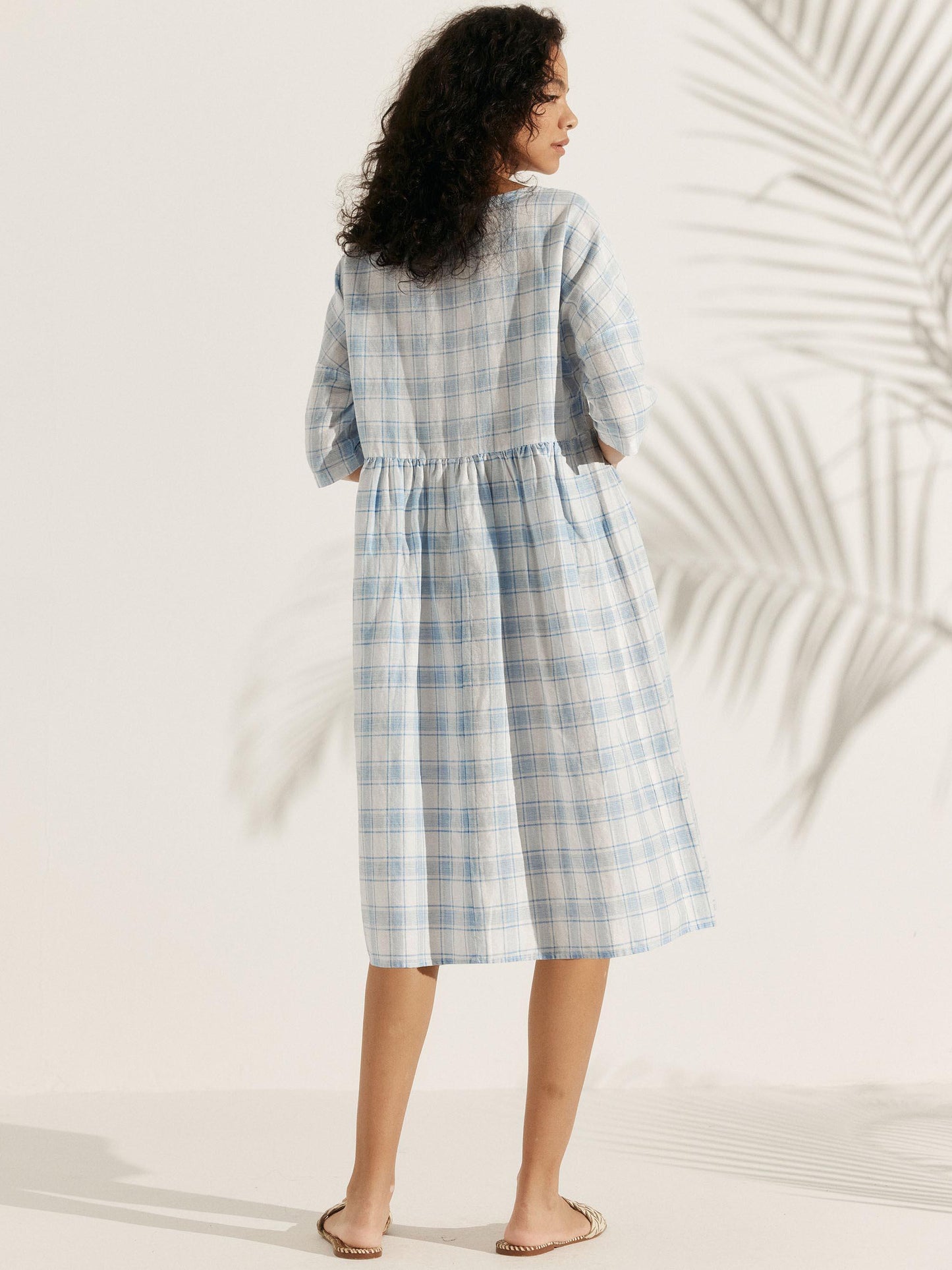 Linen Checked A-Line Midi Dress