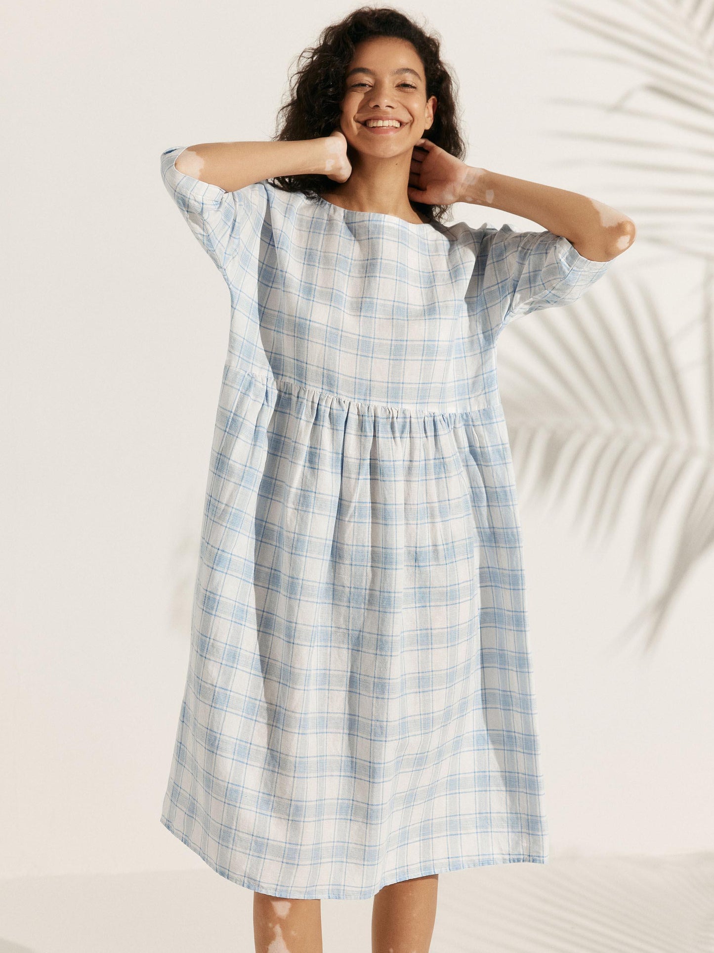 Linen Checked A-Line Midi Dress