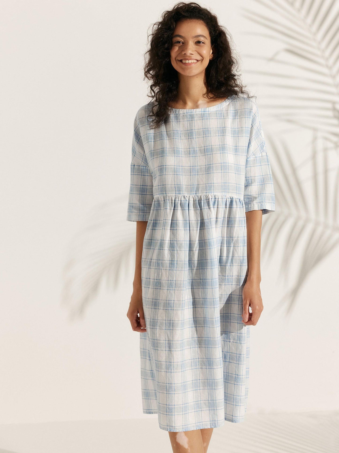 Linen Checked A-Line Midi Dress