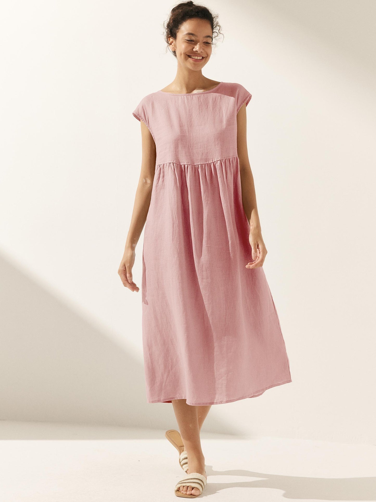 100% Linen Cap Sleeve Washed Maxi Dress JOAN