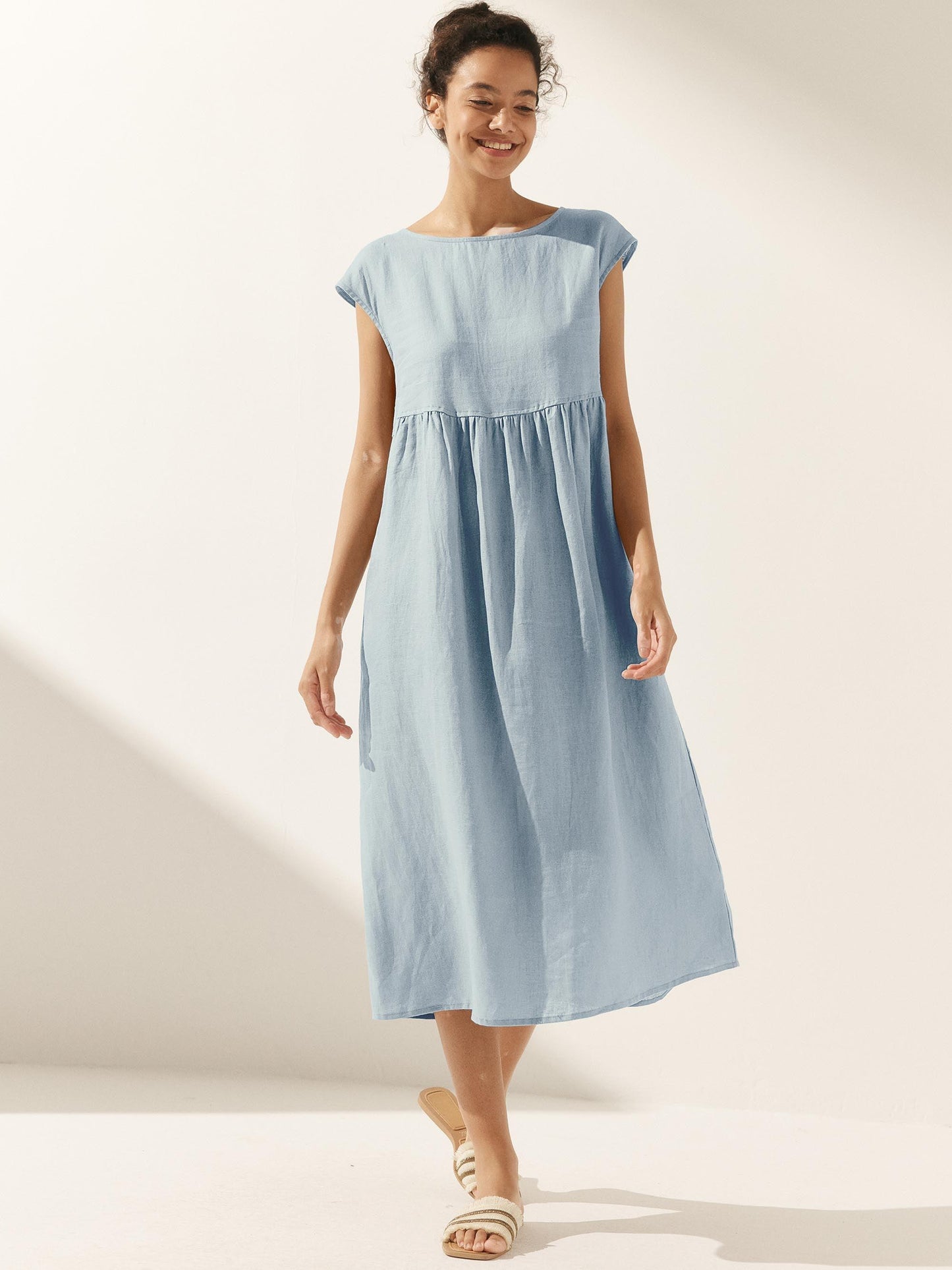 100% Linen Cap Sleeve Washed Maxi Dress JOAN