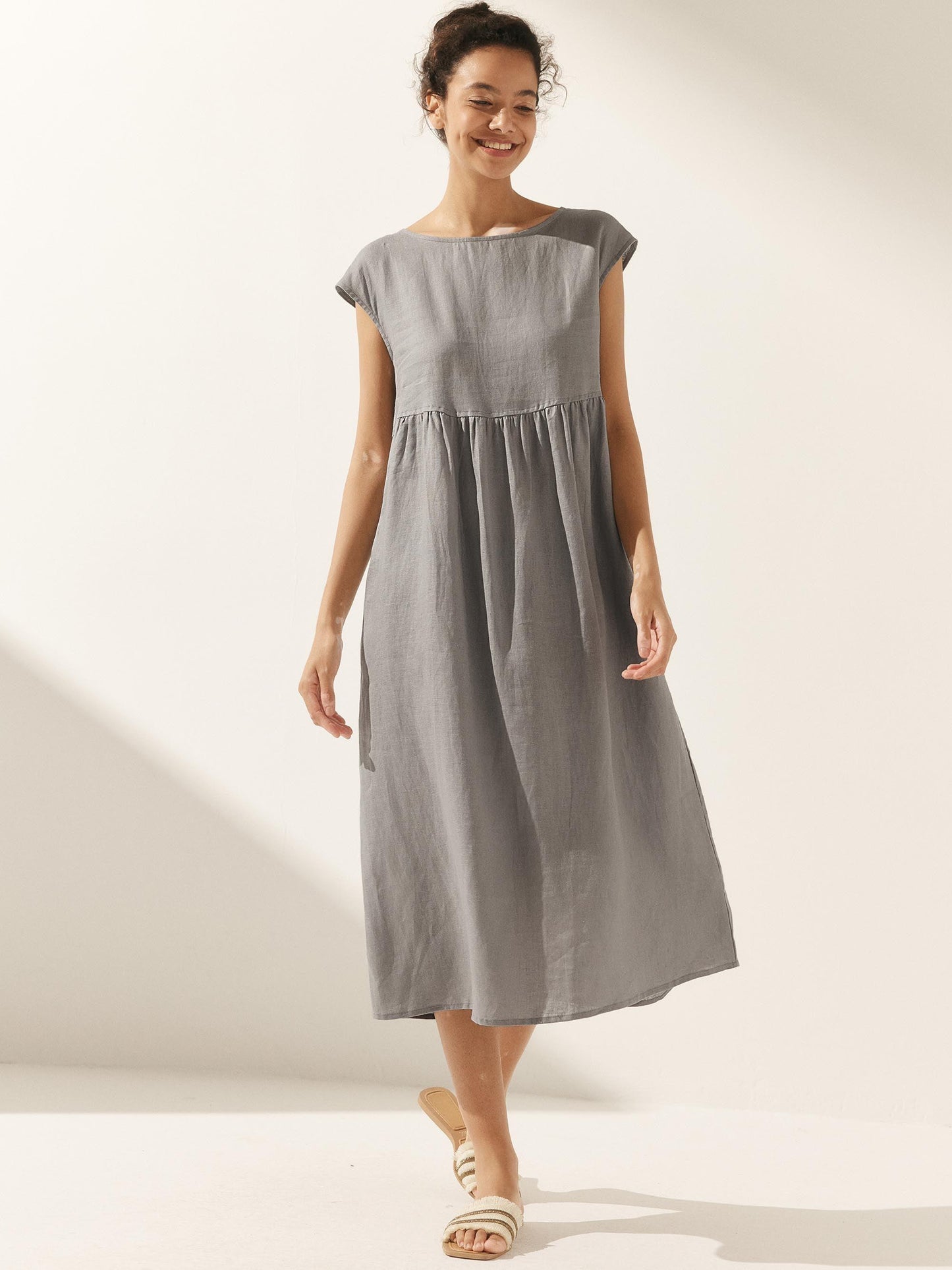 100% Linen Cap Sleeve Washed Maxi Dress JOAN