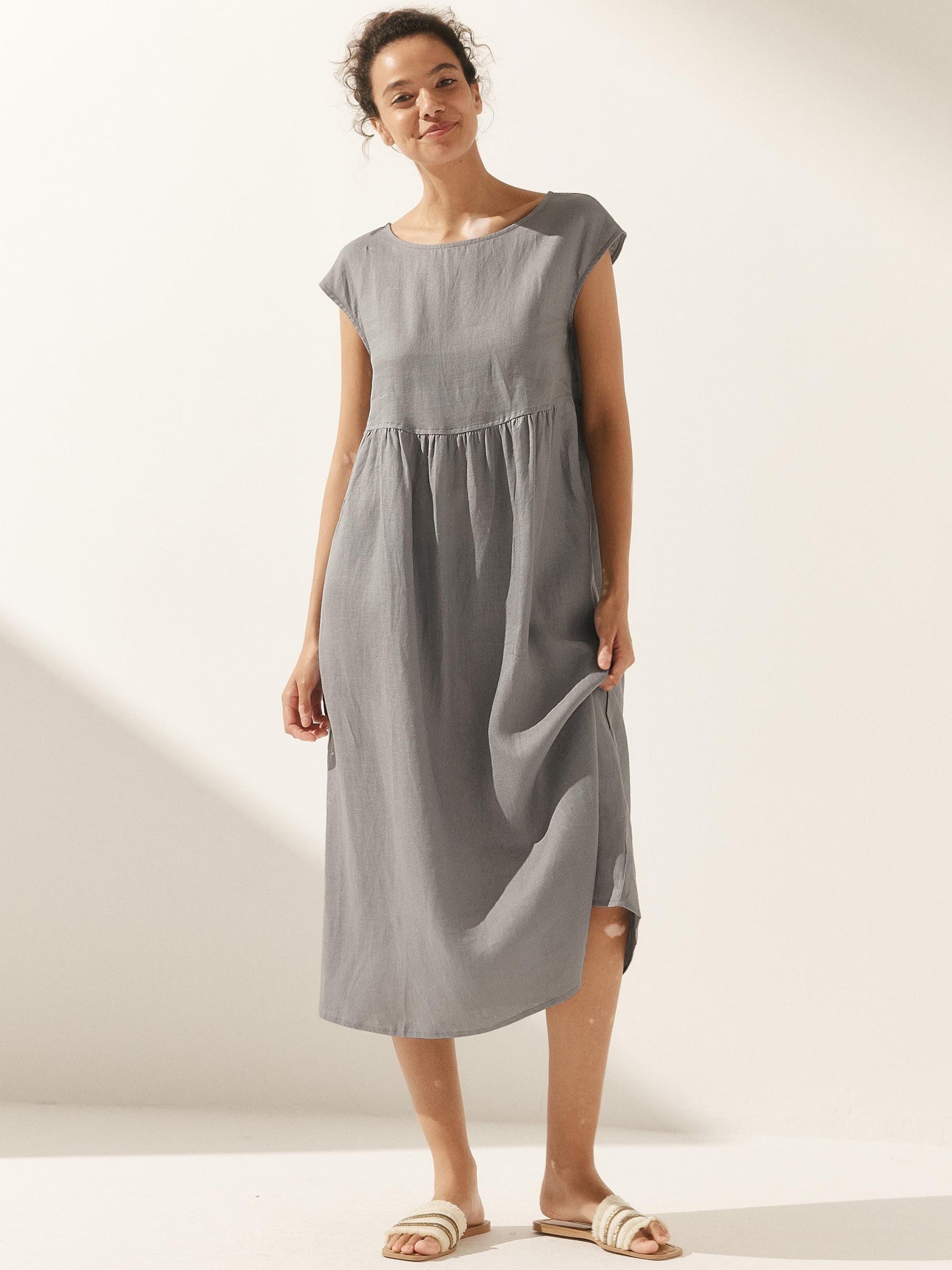 100% Linen Cap Sleeve Washed Maxi Dress JOAN