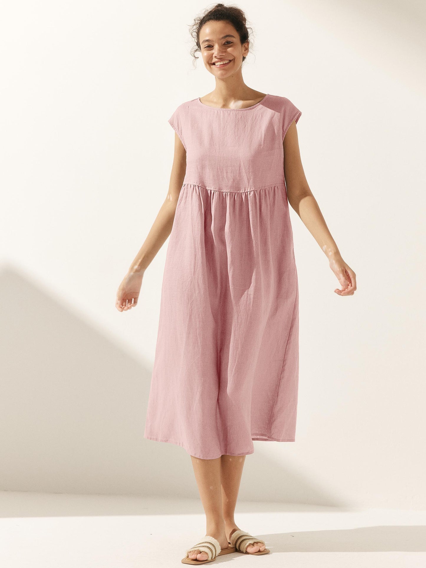 100% Linen Cap Sleeve Washed Maxi Dress JOAN