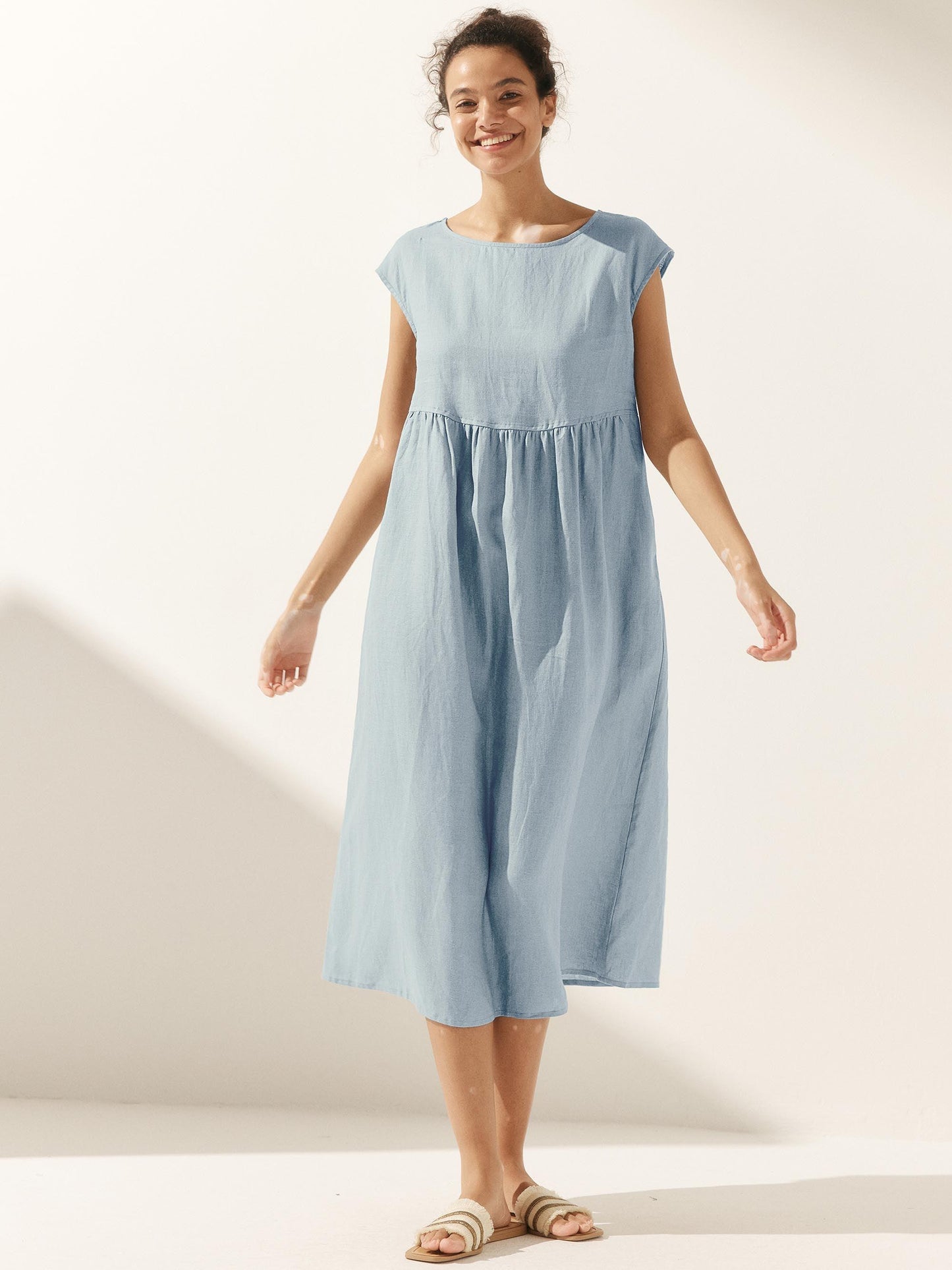 100% Linen Cap Sleeve Washed Maxi Dress JOAN