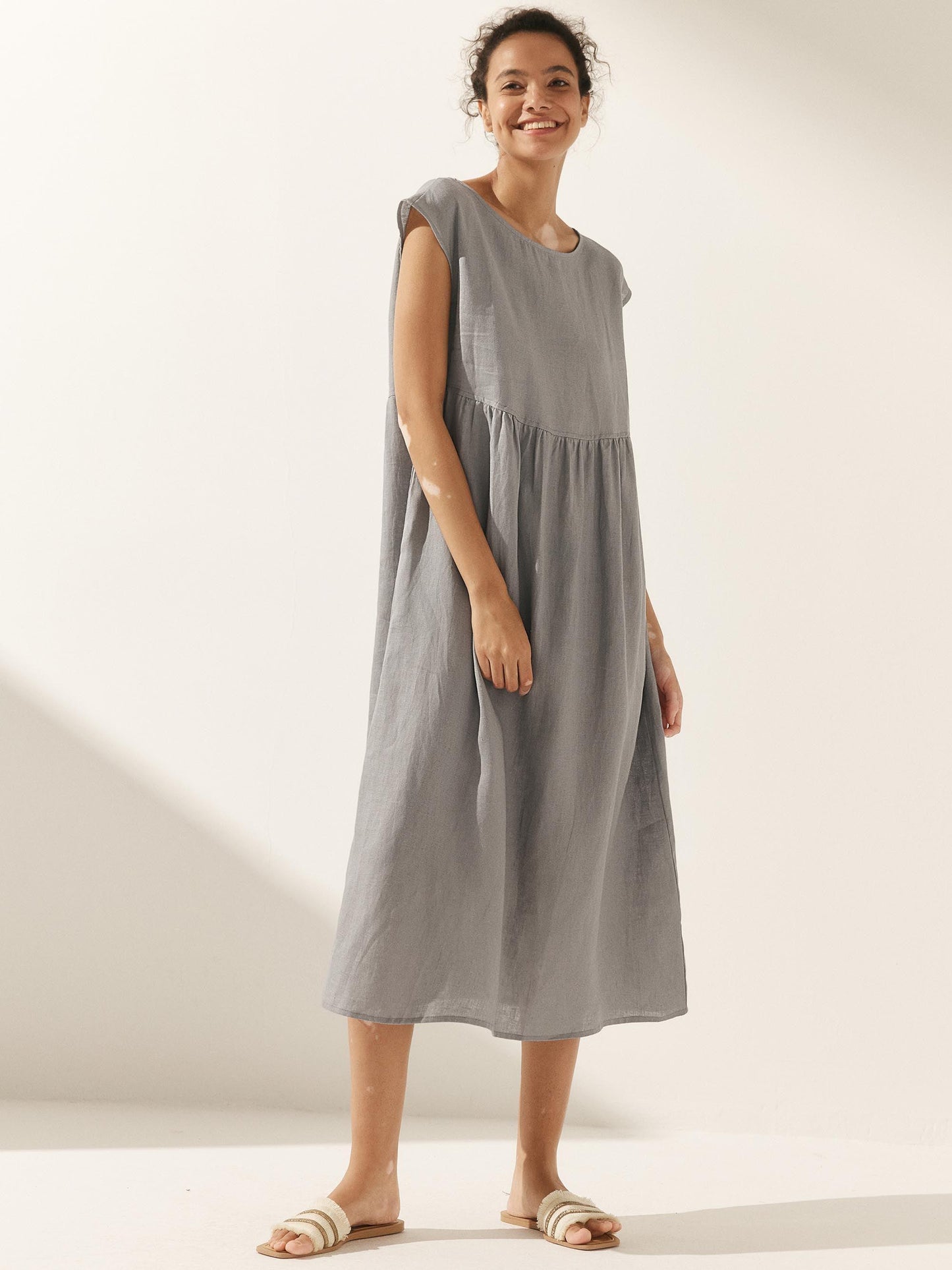 100% Linen Cap Sleeve Washed Maxi Dress JOAN