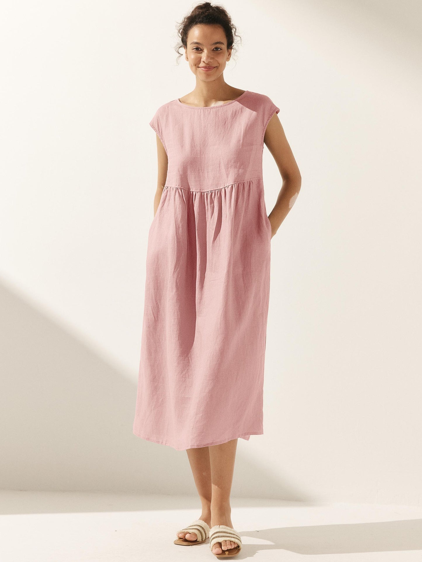 100% Linen Cap Sleeve Washed Maxi Dress JOAN