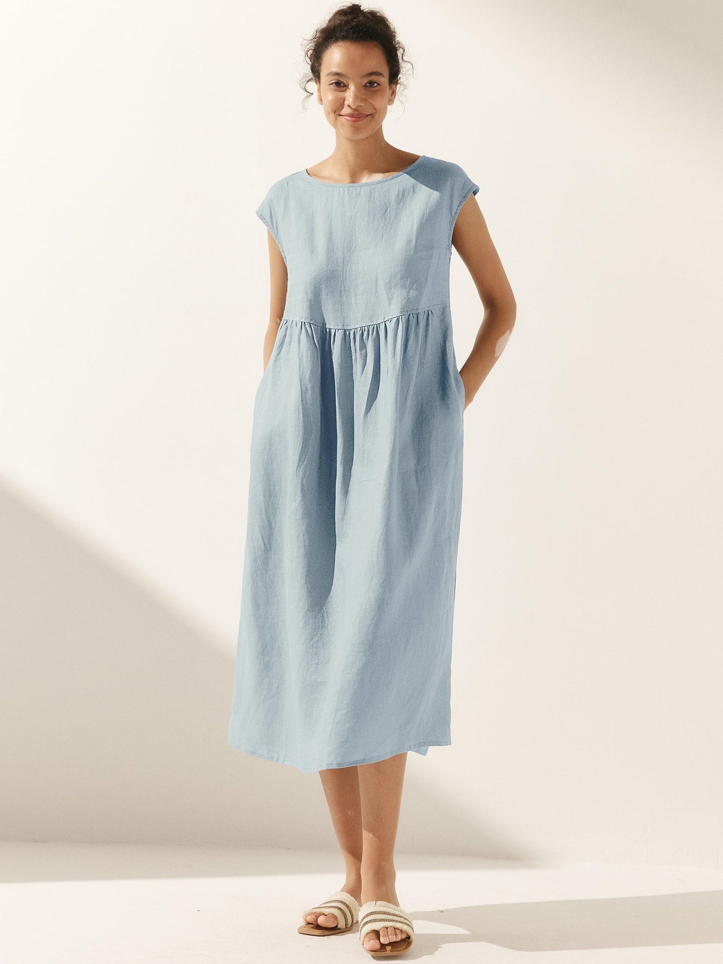 100% Linen Cap Sleeve Washed Maxi Dress JOAN