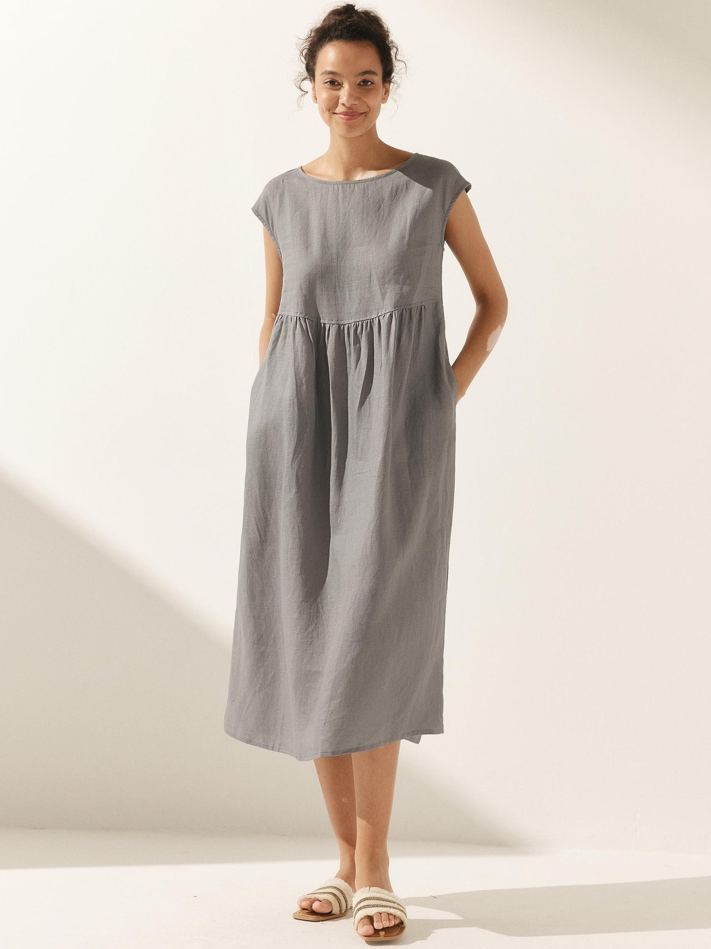 100% Linen Cap Sleeve Washed Maxi Dress JOAN