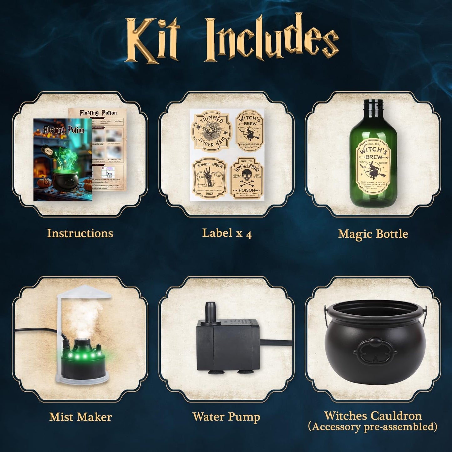 🔥Halloween Decorations Indoor Witches Cauldron with Magic Floating Potion Bottles & Fog Maker