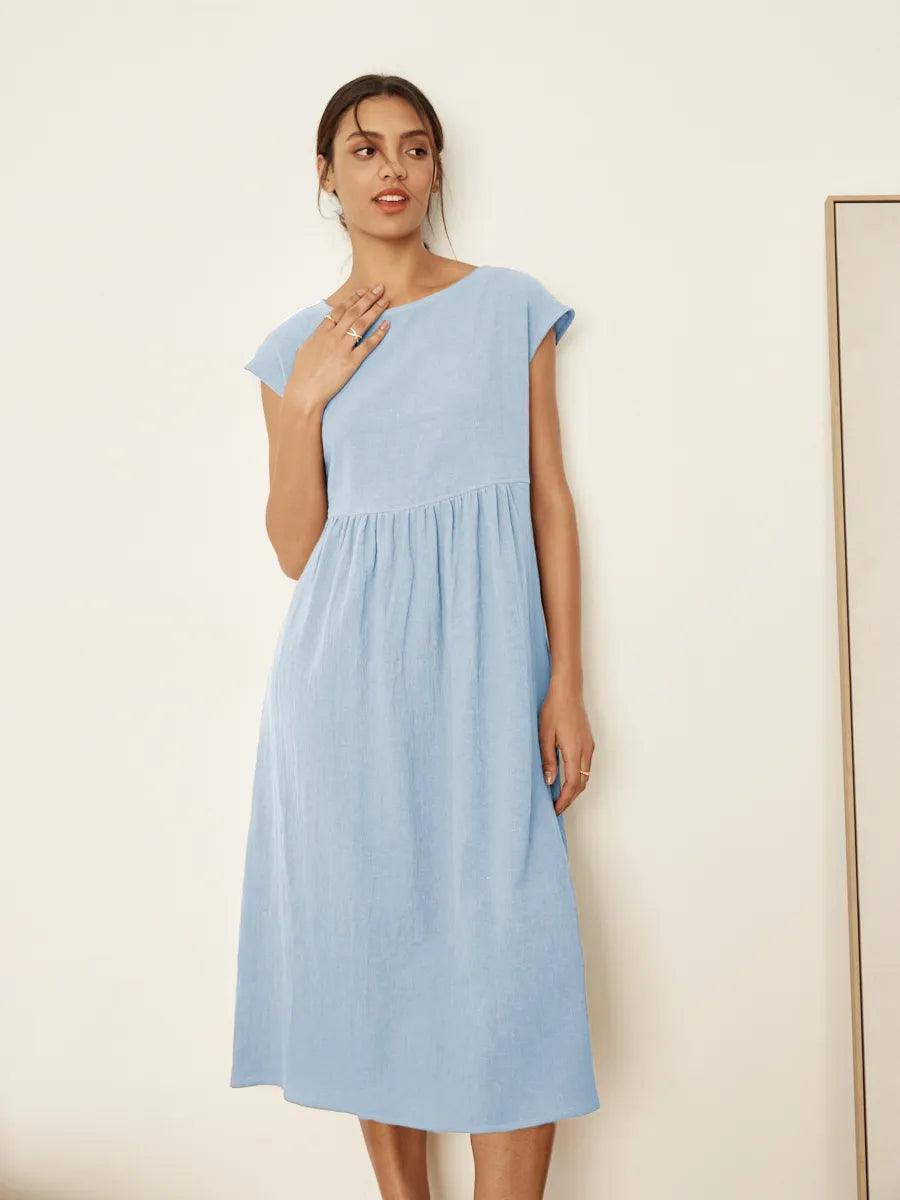 100% Linen Cap Sleeve Washed Maxi Dress JOAN