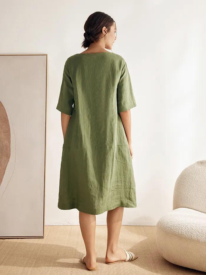 100% Linen Mid-Sleeve Maxi Dress GEORGINA