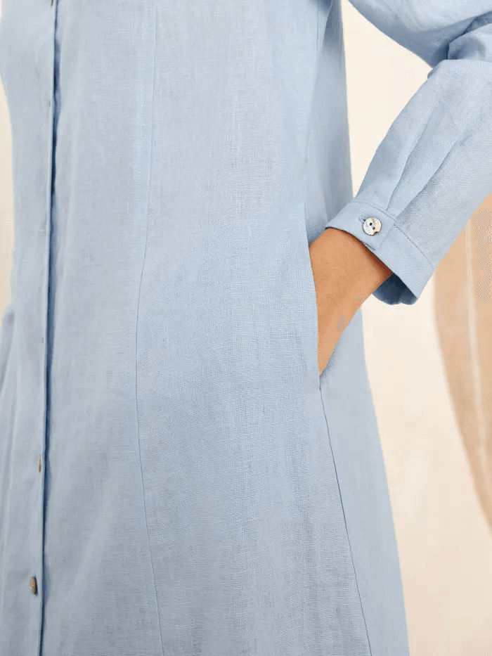 100% Linen Scoop Neck Half Placket Shirt Dress BELVA
