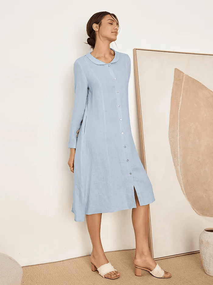 100% Linen Scoop Neck Half Placket Shirt Dress BELVA